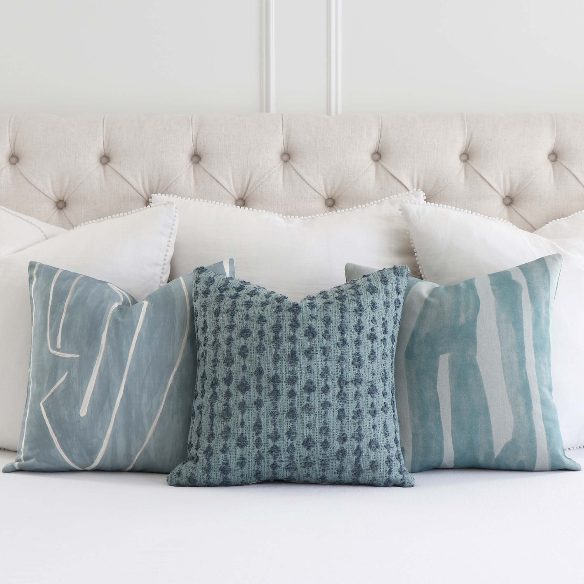 Kelly Wearstler Intargia Aquamarine Light Blue Striped Designer Throw Pillow Cover with Coordinating Kelly Wearstler Pillows