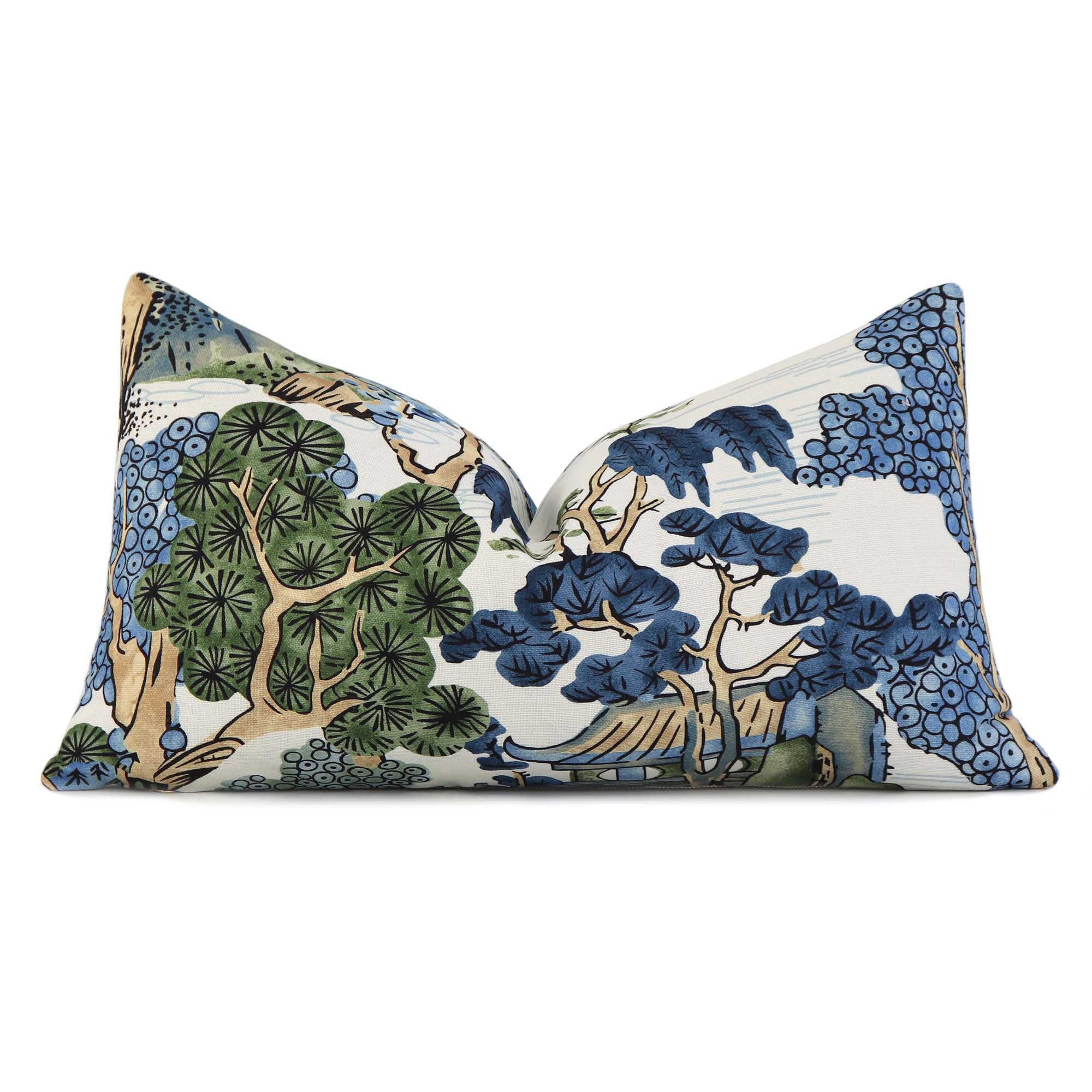 Chinoiserie Asian Scenic Thibaut Throw Pillow in Blue and Green