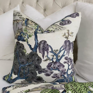 Chinoiserie Asian Scenic Thibaut Throw Pillow in Purple and Blue - Chloe &  Olive